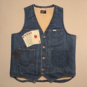 VTG 70s Maverick Automaticks Denim Vest Men M Blue Shearling Cards Wrangler 14oz